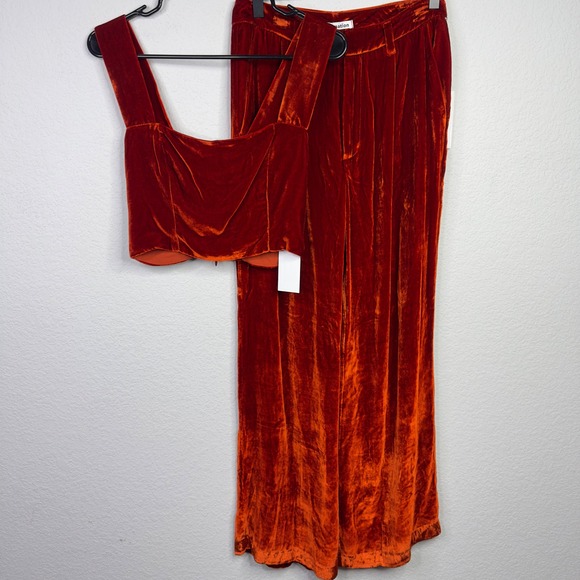 Reformation Pants - Reformation Wes Pants Set Women 4 Orange Silk Blend Velvet Wide Leg Holiday Luxe